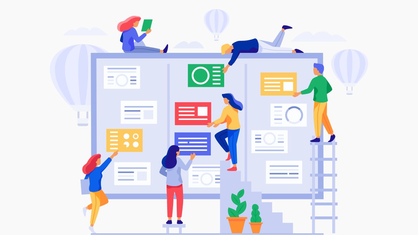 Illustration of people collaborating on a project using a giant screen with office productivity apps