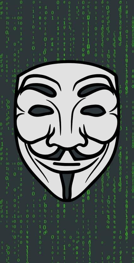 graphic of anonymous hacker mask over binary code background for ransomware cyberattack